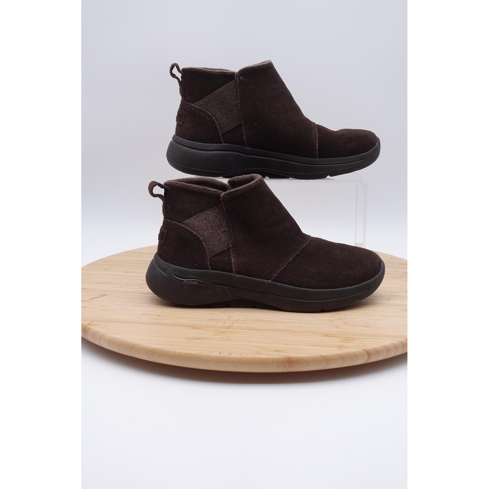 Skechers Arch Fit Boots Womens Size 8 38.5 Brown Suede Ankle Pull On Booties